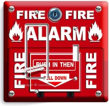 RED FIRE ALARM PULL DOWN PUSH LIGHT SWITCH OUTLET WALL PLATE MAN CAVE ROOM DECOR