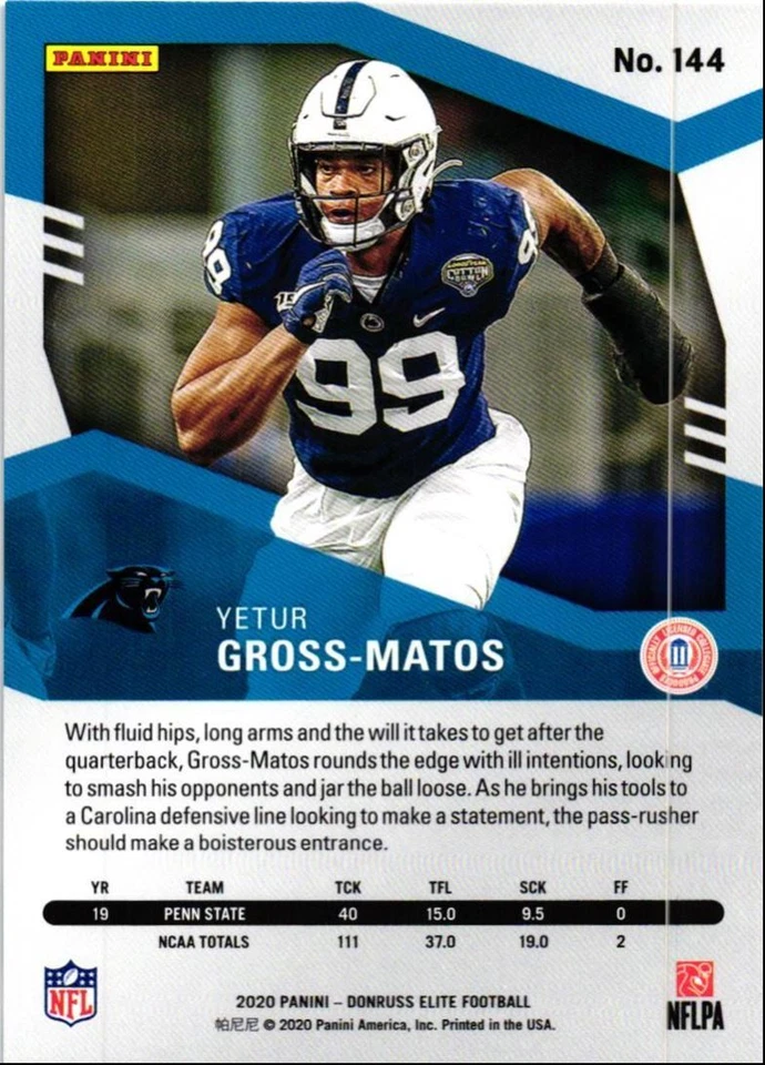 2020 Donruss EliteStatus Blue /99 YETUR GROSS-MATOS Rookie Carolina Panthers - Image 2 of 2
