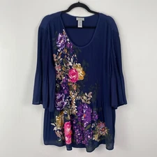 Catherines Pleated Floral Blouse Size 1X Navy Blue 3/4 Bell Sleeve Scoop Neck