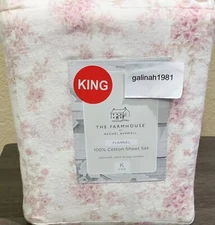 FARMHOUSE Rachel Ashwell Pink Roses Floral Cotton Flannel KING Sheet Set
