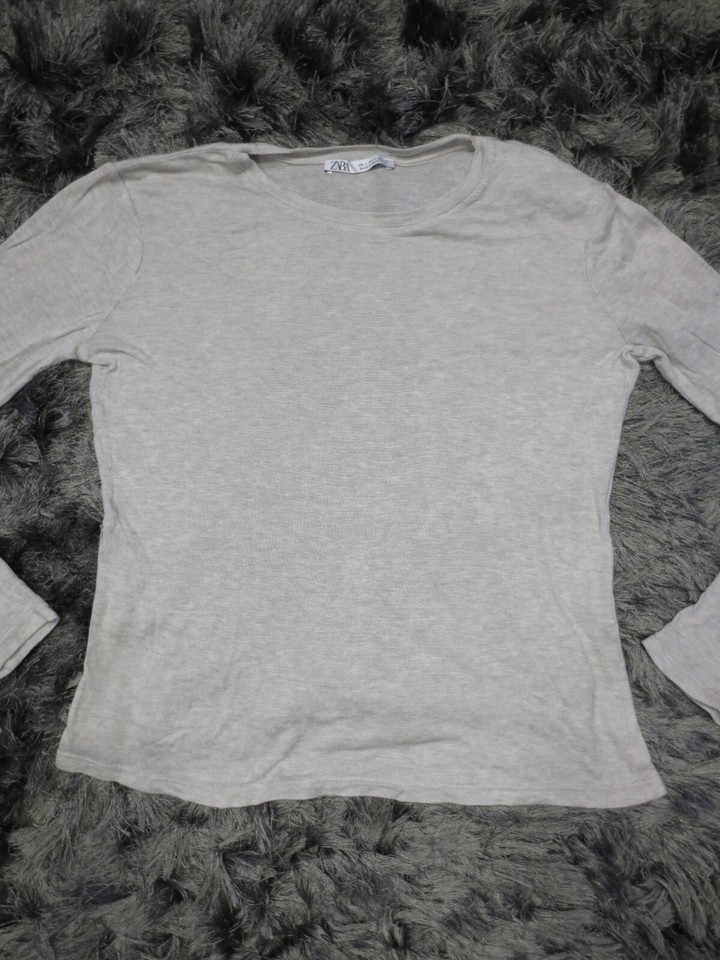 Zara Womens Shirt Small Beige Tan Long Sleeve Stretch Logo Casual eBay