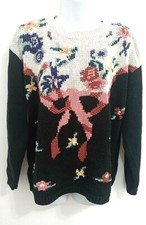 Vintage Jamie Scott Women's L Sweater Black Pink Floral Drop Shoulder Cotton 80s