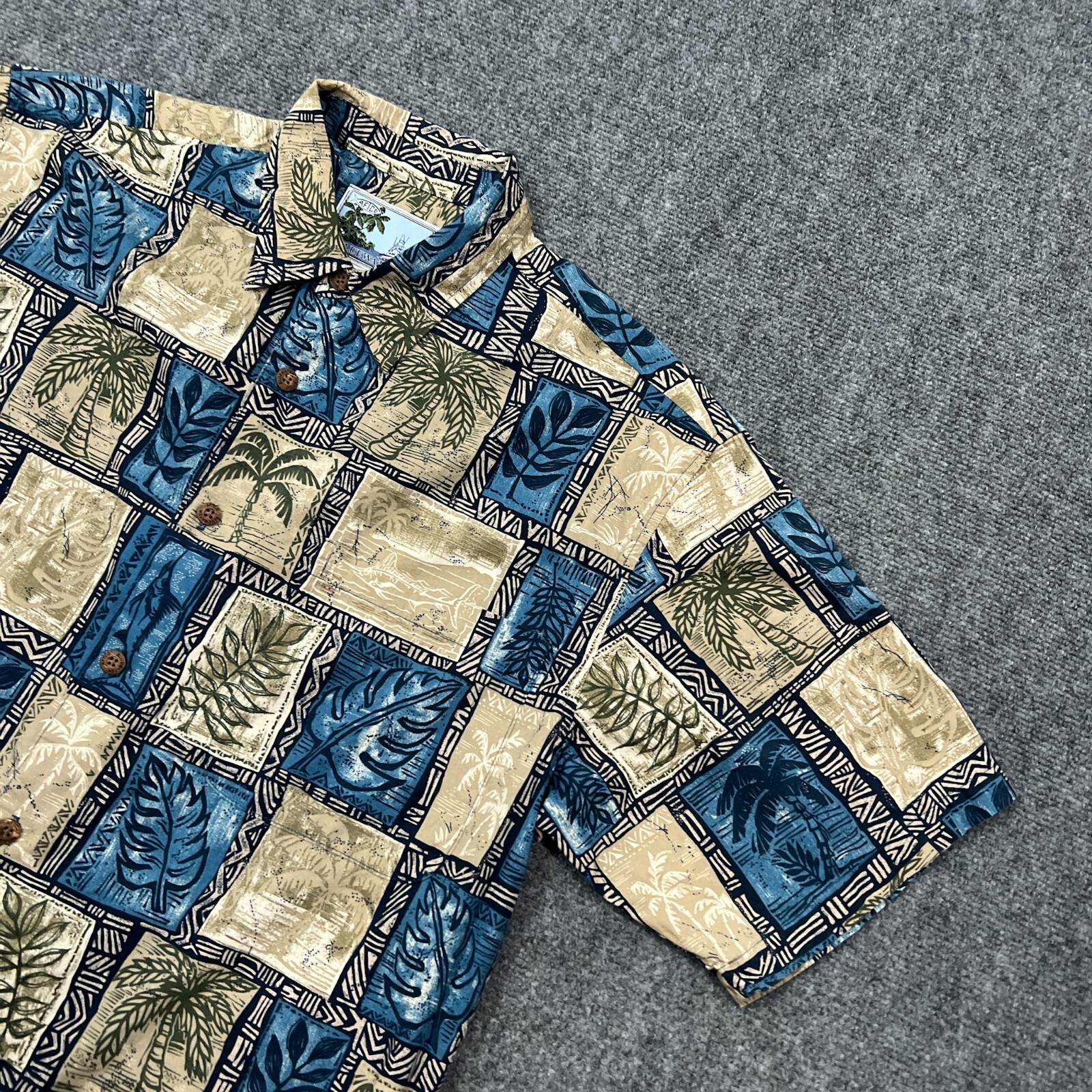 Aftco Bluewater Mens Hawaiian Shirt Large Gray Blue Made In USA Rayon