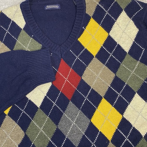Consensus Herren Argyle V-Ausschnitt Blau XXL Wollmischung Langarm Pullover Vintage