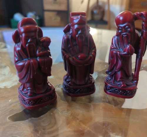 VINTAGE ROTE KUNSTHARZ CHINESISCHE GOTT FIGUREN FU LU SHOU / WEISE MÄNNER X3 ~ SEHR GUTER ZUSTAND - Bild 8 von 8