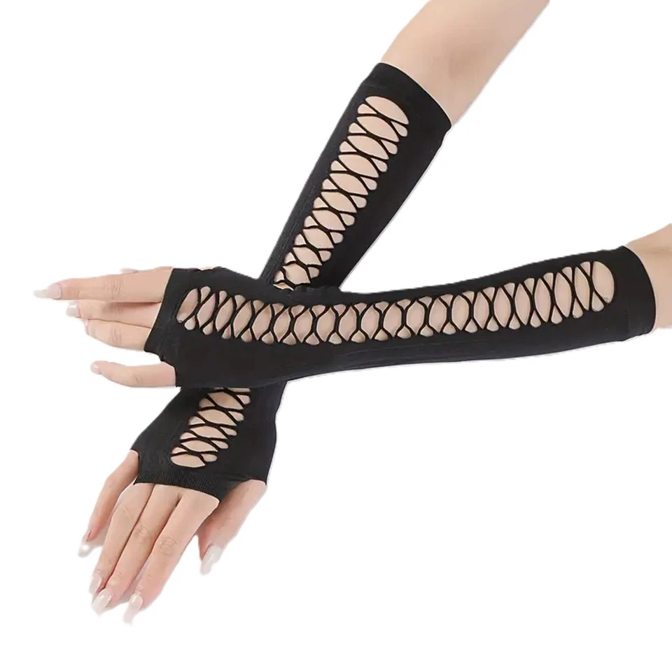 Gothic Black HOLLOW SLASHED SLEEVE LONG FINGERLESS GLOVES Punk Steampunk Cosplay - Image 4 of 4