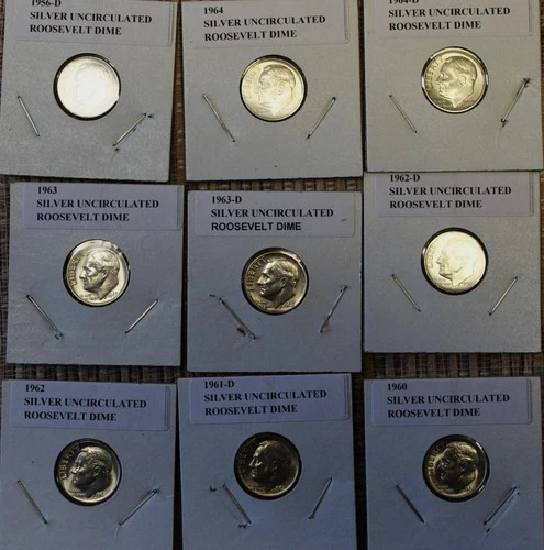 SILVER UNCIRCULATED "9" ALL DIFFERENT YEARS SILVER ROOSEVELT DIMES