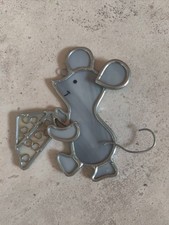 Stained Glass Gray Mouse Holding Swiss Cheese Wedge Vintage Suncatcher Ornament