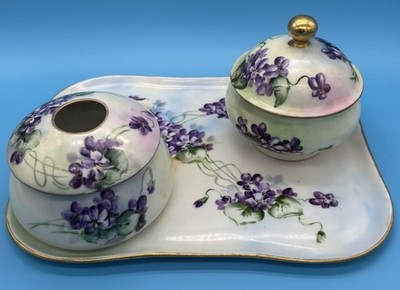 RARE  P and P LaSeynie Limoges Hand Painted Porcelain Hair Receiver Set and Tray