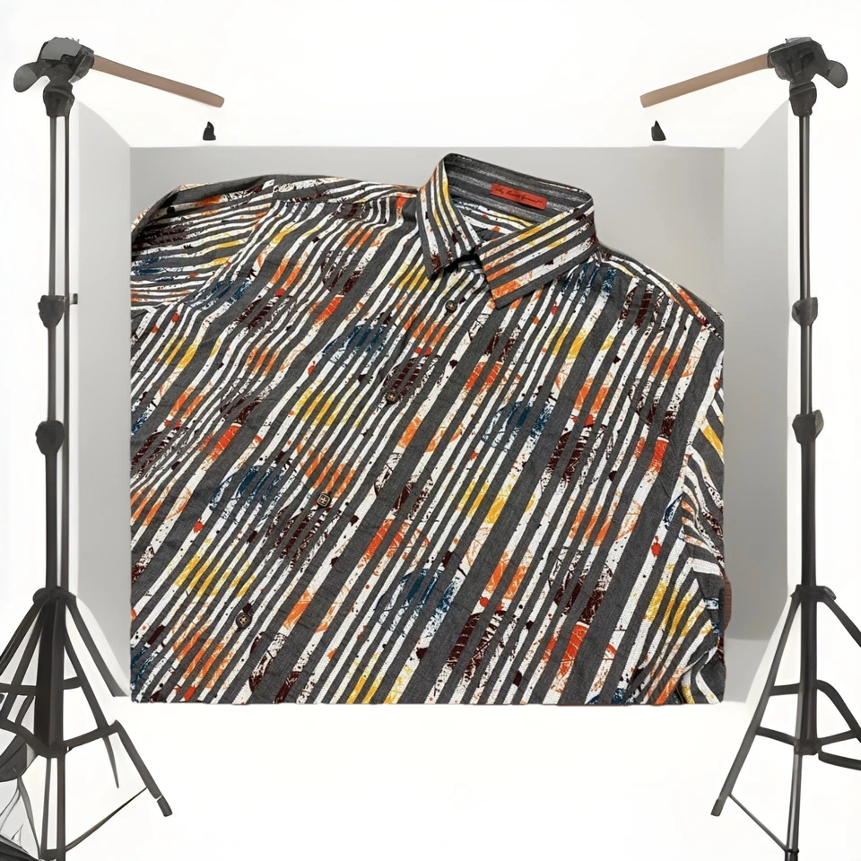 EXCELENTE Camisa Grande Luchiano Visconti Gris Colorido Rayas Hoja Para Hombre con Botones Foto 2 de 4