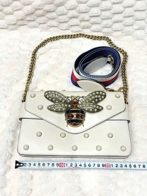 GUCCI 453778 Queen Margaret Bee Pearl Shoulder Bag Leather White Logo Used Japan