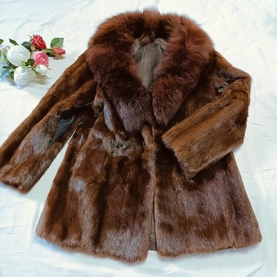 0505 Real Weasel Mink Fox Fur Coat vintage Women size S jacket brown