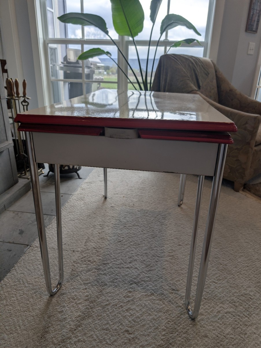 30s/40s Enamel Top Kitchen Table Red & White Porcelain Drop Leaf