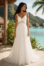 Justin Alexander Wedding Dress 16 Ivory Organza Crystals Greek Goddess Beach