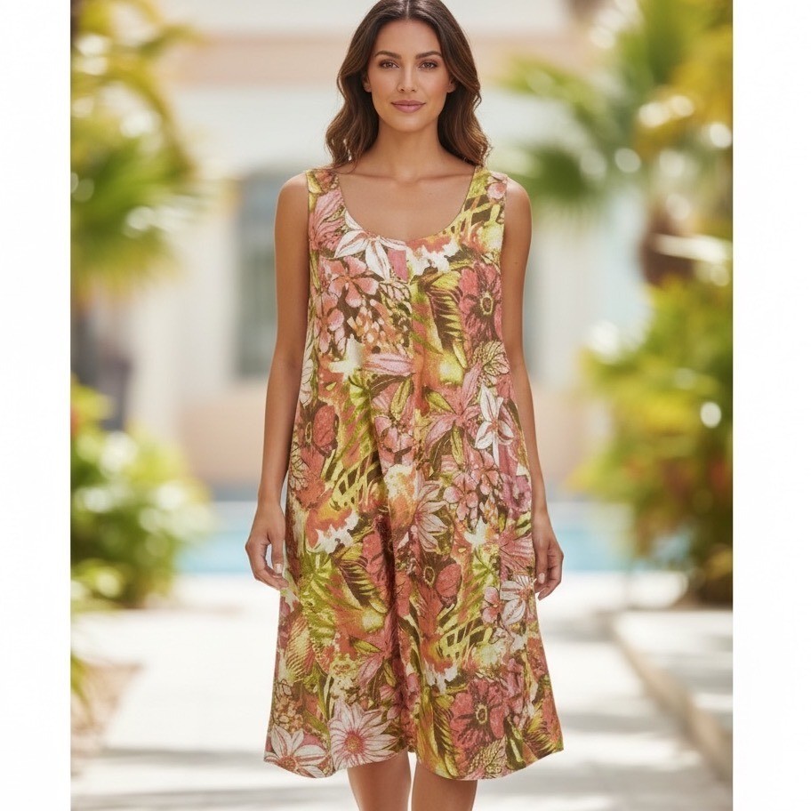 J. Jill Love 100% Linen Dress Tropical Floral Pockets Resortwear Coastal Boho M