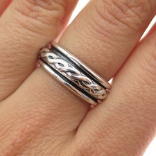 925 Sterling Silver Vintage Mexico Braided Rotating Band Oxidized Ring Size 7.25