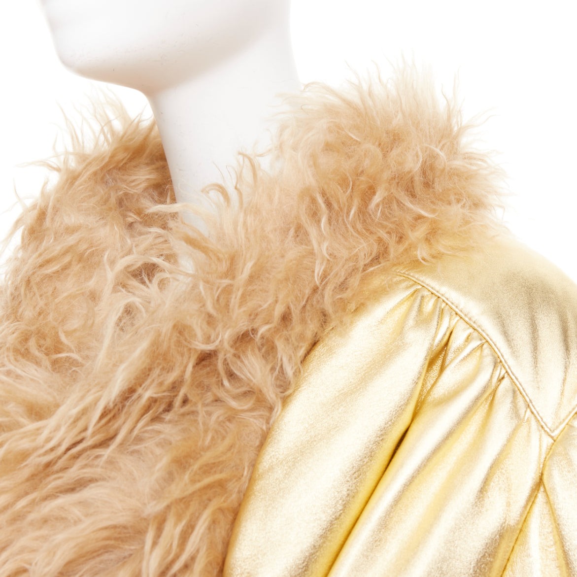 MIU MIU 2019 gold lambskin brown mohair shaggy fur collar robe coat IT36 XXS image 8