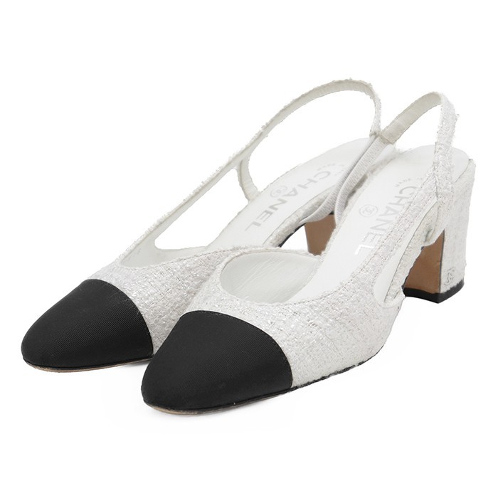 CHANEL Slingback Pumps G31318 Fancy Tweed Women Size 36C White/Black