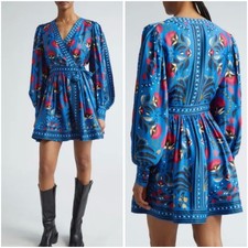 FARM Rio Women Size L Palms Paradise Wrap Mini Dress Blue Long Sleeve NWT$258