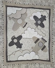 CoCaLo Baby Blanket Quilt Comforter Tan Cream Brown Gray 32x41” Clouds Airplanes