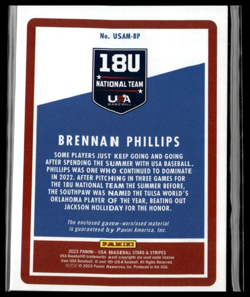 2023 Panini Stars & Stripes USA Baseball #USAM-BP Brennan Phillips   #/250 MEM - Image 2 of 2