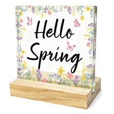 Acrylic Hello Spring Sign for Home Office Bathroom Kitchen Indoor Spring Deco...