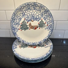 Tienshan Folk Craft ~ Cabin In The Snow ~ 10-3/8” Dinner Plates Set of 4 Red Dot