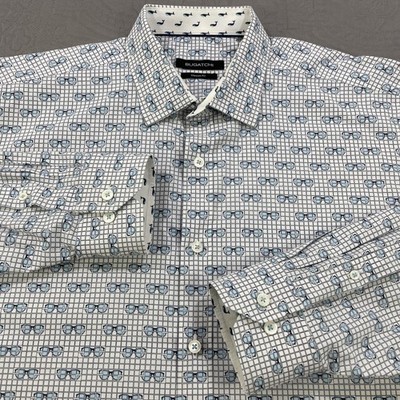 Bugatchi Shirt Mens XL White Blue Classic Fit Long Sleeve Button Down Glasses