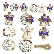24 Pcs Wooden Easter Ornaments Decoration He is Risen Cross Large Purple