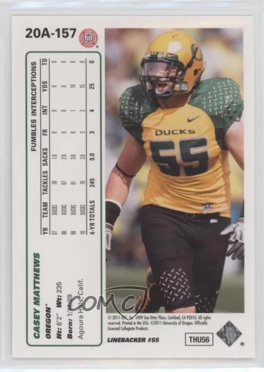 2011 Upper Deck 1991 UD 20th Anniversary Casey Matthews #20A-157 Rookie RC - Image 2 of 2