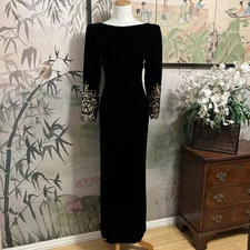 Victor Costa 80s Black Velvet  Metallic Embroidery Sleeve LowBack Column Gown S