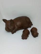 Vintage Pig Figurines Red Mill Mfg. Carved Pecan Shell Resin Mama  and 2 Piglets