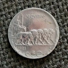 ITALY, VITTORIO EMANUELE III, 50 CENTESIMI 1921, LIONS