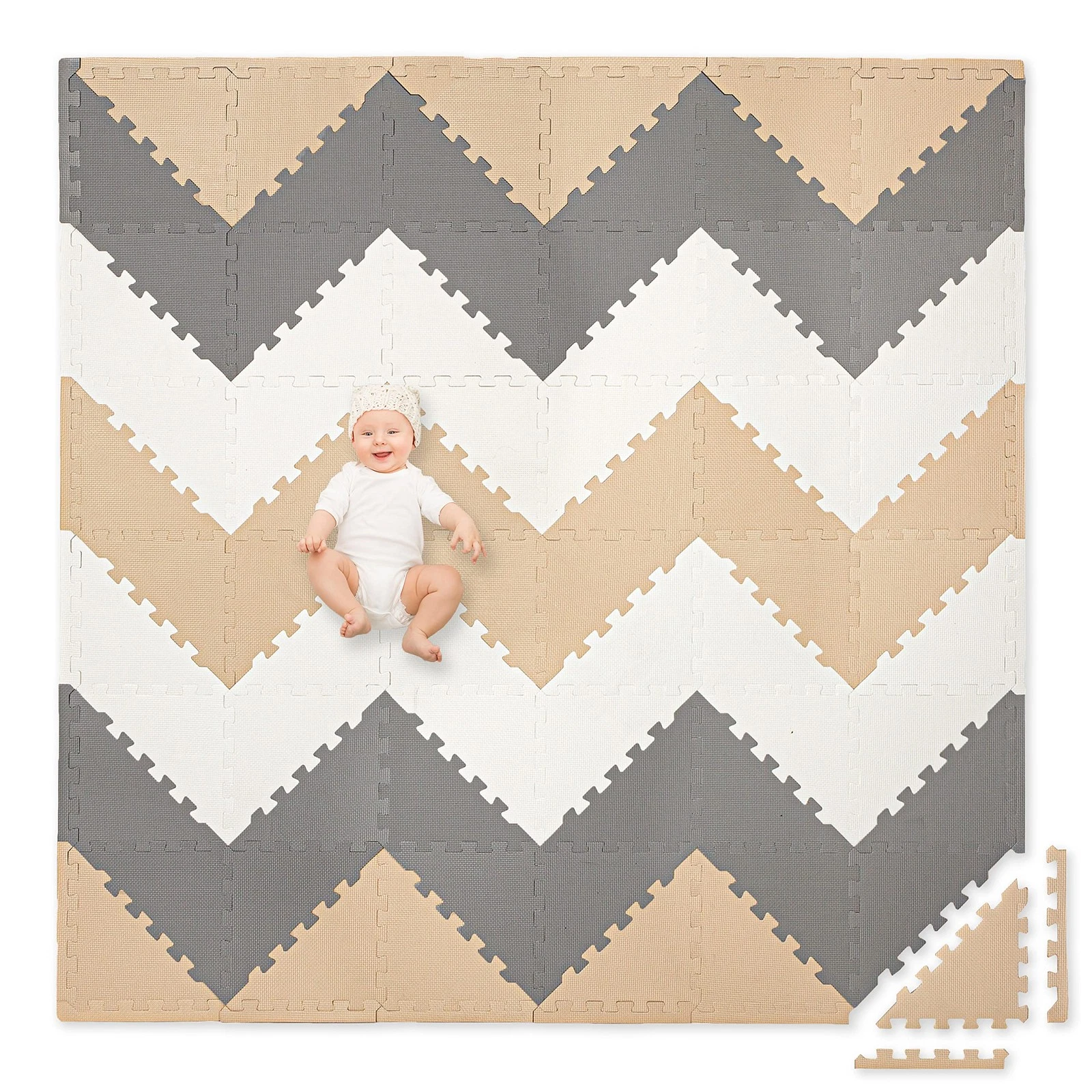 Non-Toxic Extra-Thick 96 Piece Triangle Play Mat - Sand, Gray & Cream