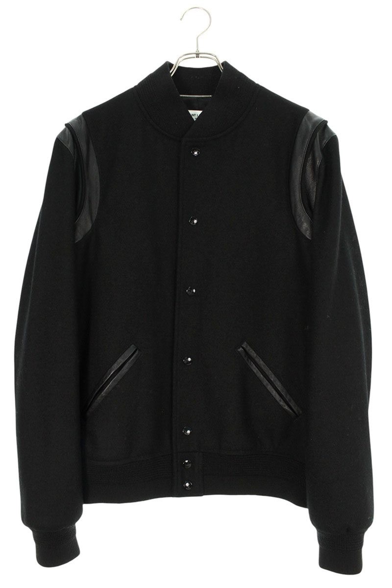 Giacca Saint Laurent Paris Teddy Stadium misto lana taglia 50 bordo pelle nero