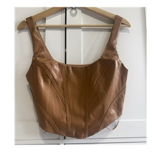 Womens Faux Leather Corset Top Brown Crop Tank Bustier Y2K Size Small NWT