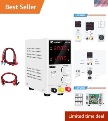 Adjustable DC Power Supply 30V 10A with 4-Digit LED Display & Safety Features