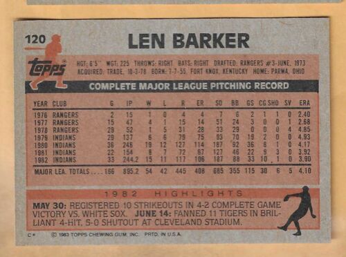 Len Barker Cleveland Indians #120 - Topps casi nuevo-como nuevo 1983 - Imagen 2 de 2