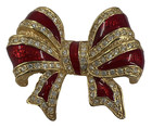 Roman Brooch - Holiday Ribbon Pin Red Enamel Rhinestone Christmas Bow Signed
