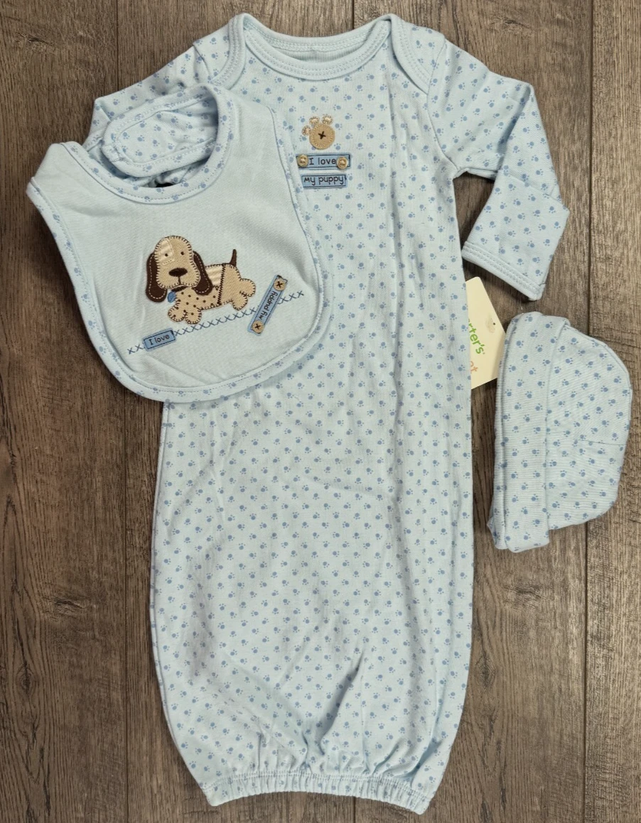 Baby Boy Clothes New Vintage Carter's Preemie 3pc Puppy Dog Gown W/Hat & Bib