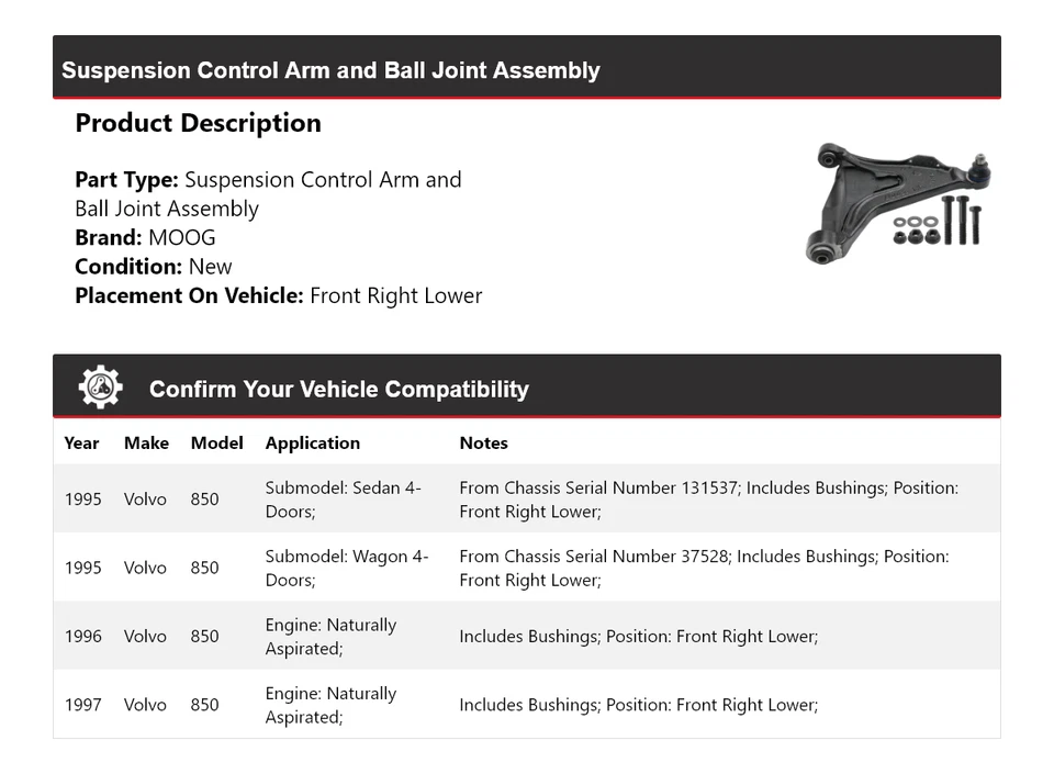 适用于 1995 - 1997 年沃尔沃 850 控制臂球接头 Assy 前右下 MOOG — 第 2/4 张图片