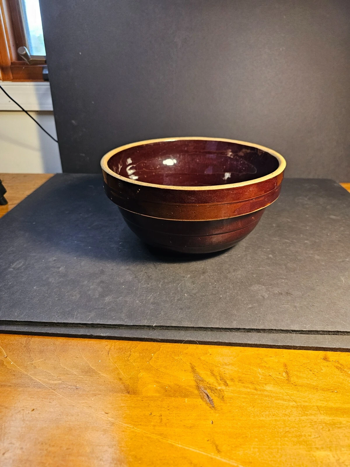 primitively made 9" brown mixing bowl/ USA/ 1930s/no Damage