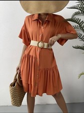 Shein Solid Flounce Sleeve Ruffle Hem Dress Burn Orange Size 12 Without Belt