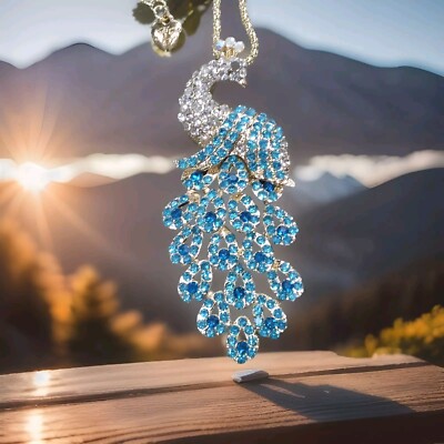 Eclectic Whimsical BLUE PEACOCK PEAFOWL PHEASANT Rhinestone Pendant Necklace