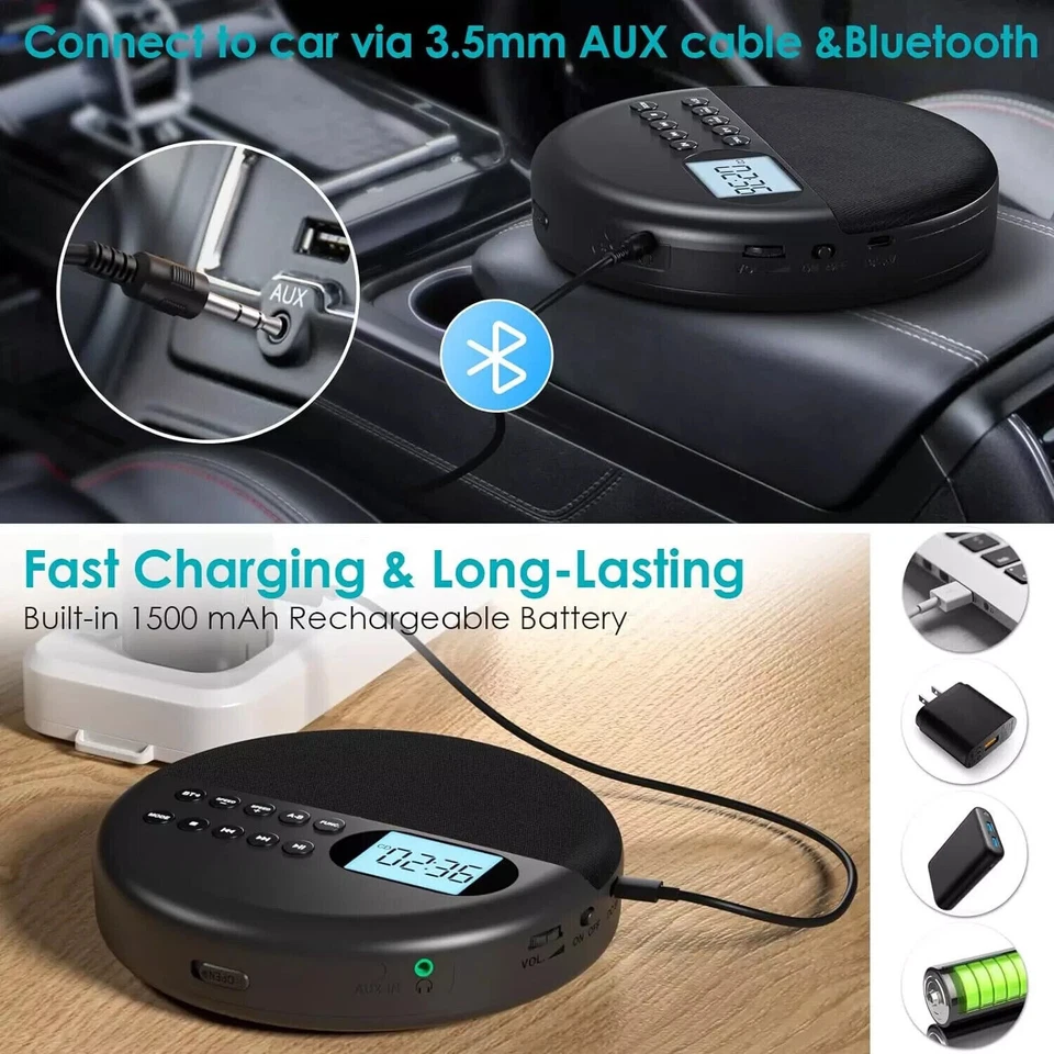 Tragbarer CD Player mit Bluetooth Lautsprecher Integrierte 1500mAh Akku CD - Bild 3 von 4