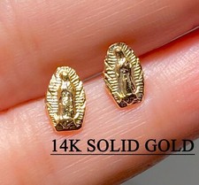 Solid 14K Gold basket Virgin Mary Guadalupe Dangle stud Dainty earring For Women