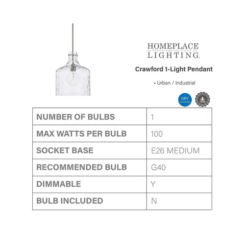 HomePlace Lighting 325717BN Crawford Urban/Industrial Clear Water Glass Jar P... - Picture 3 of 3