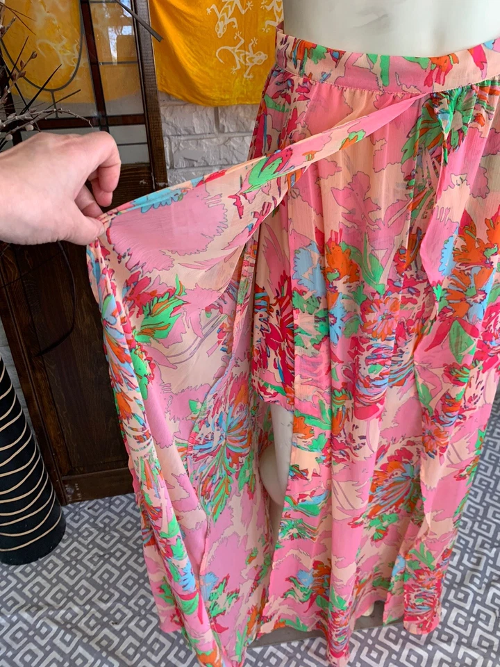 Falda Vintage Talla Mediana Rosa Salmón Floral Cintura Alta Capas Cremallera Ribete Foto 4 de 4