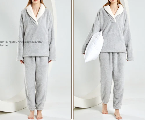 Neu Damen Flauschig Pyjama Set Weich Bequem Fleece Nachtwäsche Winter Flauschig Loungewear - Bild 19 von 28