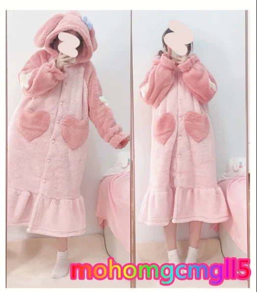 Kawaii My Melody Cosplay Dress Pajamas Bathrobe Girl Winter Long Plush Nightgown - Image 2 of 4